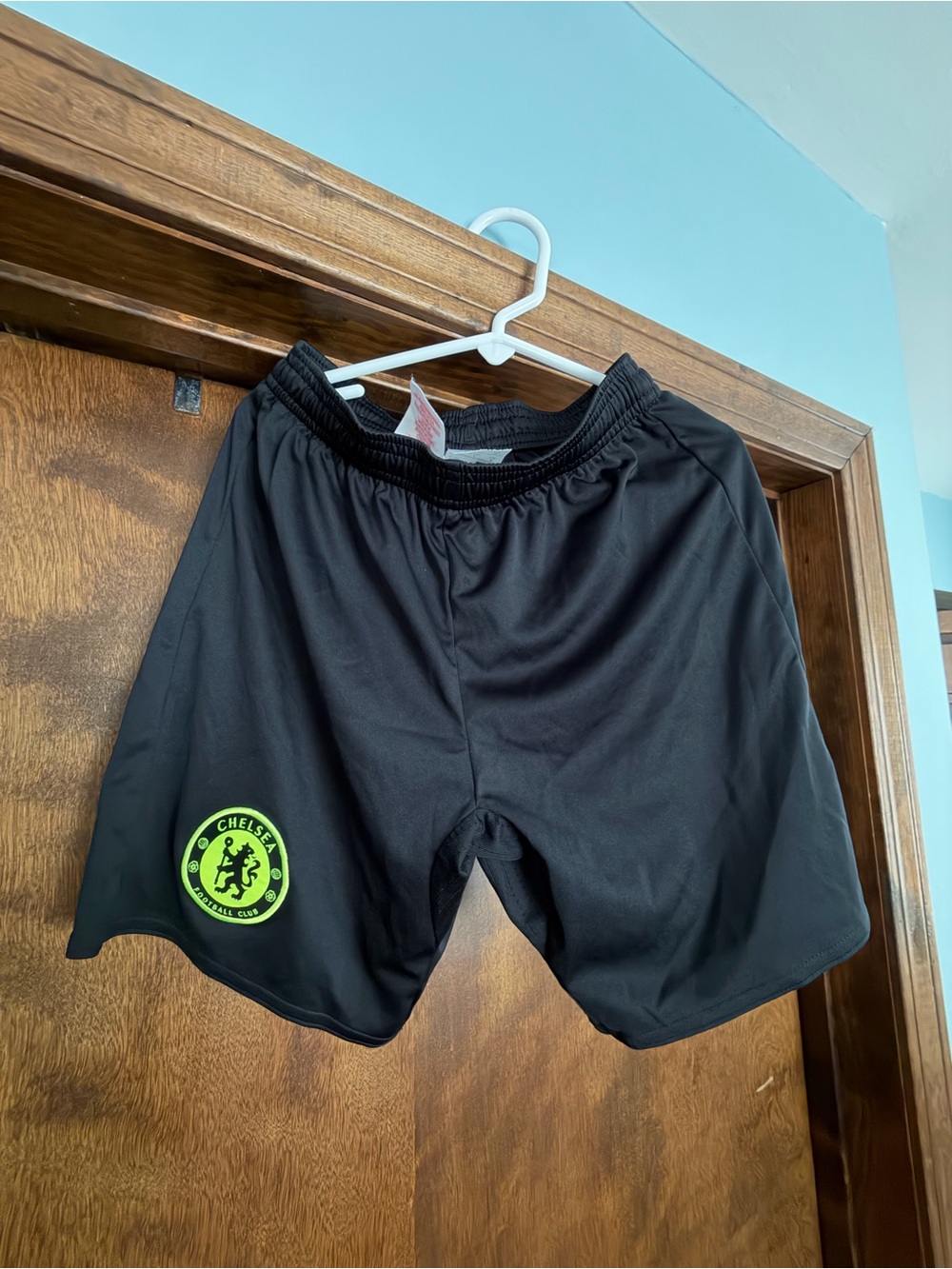 Authentic Chelsea F.C. Black Athletic Shorts with Neon Green Chelsea Badge/Crest